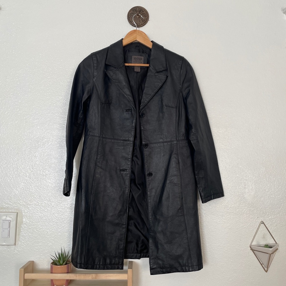 John Paul Richard Uniform Petite Black Genuine Leather Trench Coat Jacket Size 4
